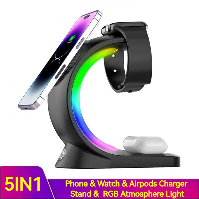 5 In 1 Magnetic Wireless Charger Fast Charging For Smart Phone Atmosphere Light Charging Station For Airpods Pro I-phone Watch